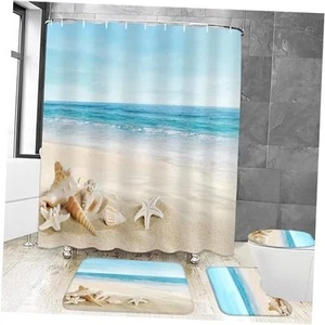 4Pcs Summer Beach Shower Curtain Sets Sea Ocean Bathroom Set Decor with Non - Picture 1 of 8