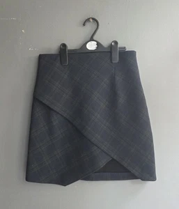 Zara Woman Navy Green Check Asymmetric Wrap Mini Skirt UK 6-8 XS Smart Casual - Picture 1 of 12