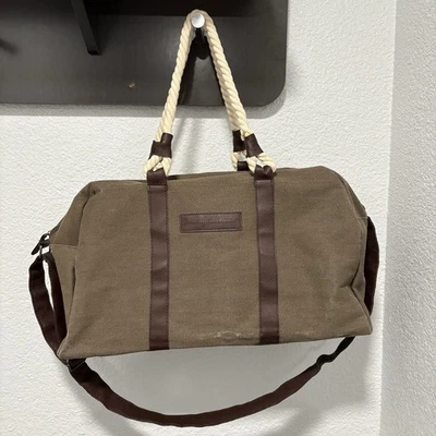 Bolso de Lona Tommy Bahama Verde Oliva Cuero Borde Fin de Semana Viaje Llevar Foto 1 de 4