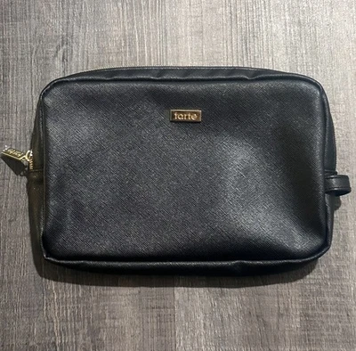 Nueva bolsa de maquillaje negra con textura tarta cierre de cremallera con forro púrpura rico Foto 1 de 4