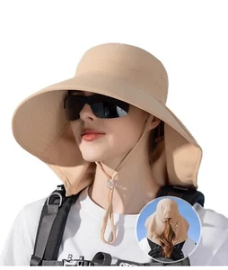Sun Hats with Neck Flap Ponytail Hole Rollable UV Protection Wide Brim Khaki - Picture 1 of 3