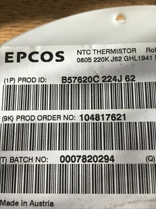 NTC Thermistor B57620C-224J-62 220KOHM 4230K 0805 by Epcos 20pcs £5.00 - Photo 1/1