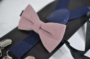 BOY KIDS DUSTY PINK VELVET BOW TIE + NAVY ELASTIC SUSPENDERS Fits 1-6 YEARS OLD - Picture 1 of 8