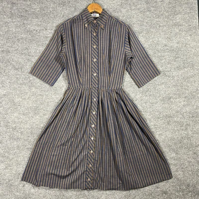 复古 60 年代衬衫连衣裙 12 码条纹牛津纽扣领日礼服可爱 — 第 1/4 张图片