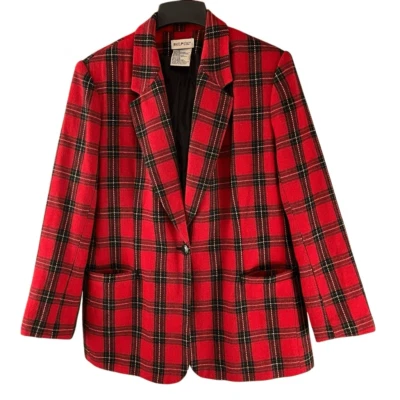 Vintage White Stag Red Plaid Wool Blend Single Button Blazer Size 14 Preppy - Image 1 of 4