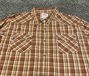 Men LEVI'S Pearl Snap Modern Fit Western Shirt Sz XXL Rust Plaid Rockabilly - Picture 1 of 10