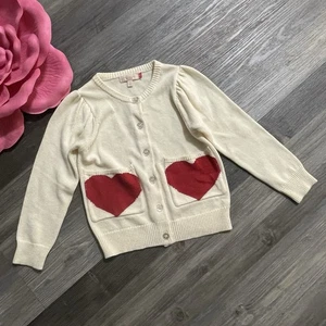 PINK CHICKEN Girls 6Y Cream Red Heart Pocket Glitter Buttons Cardigan Sweater - Picture 1 of 10