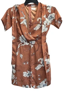 Sienna Sky Womens Floral Dress Side Pockets Orange White Short Sleeve Small Belt - Picture 1 of 5