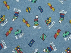  KIDS Cars Planes Ships By Air By Land By Sea BLUE DENIM Fabric 1 YD X 60" W NEW - Picture 1 of 5