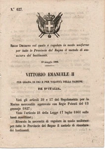 crv 156 1862 VITTORIO EMANUELE II Re d' Italia - Metodo stazzatura bastimenti - Imagen 1 de 1