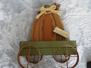 Fall Welcome Wagon decor. Wood with metal wheels, country, cottage - Picture 1 of 9