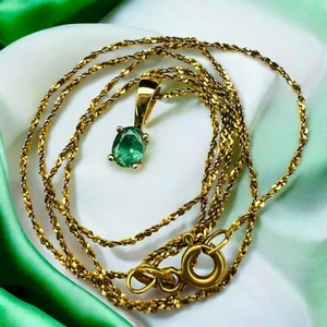 VINTAGE - 18K Gold - natürlicher kolumbianischer Smaragd Halskette - 16" - Ovalschliff - 1/3 kt - 2,1 g - Bild 1 von 21