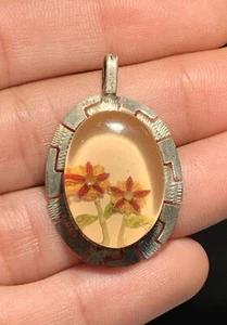 Sterling Silver 925 Rare Floral Red Flower Lucite Pendant Hecho En Mexico A55 - Picture 1 of 8