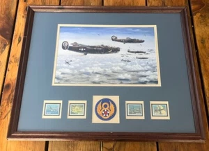 WWII Jim Lauries 8th Us Air Force BOMB GROUP Framed Print With Patch & Stamps - Picture 1 of 12