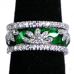 DESIGNER REPLICA_3-RING SET_GREEN ENAMEL FLORAL CZ BAND RINGS_SZ-5__NF SILVER - Picture 1 of 8