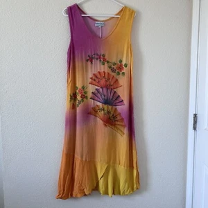Tropical Summer Women’s Midi Dress XL Yellow Pink Ombré Floral Beach Resort boho - Picture 1 of 11