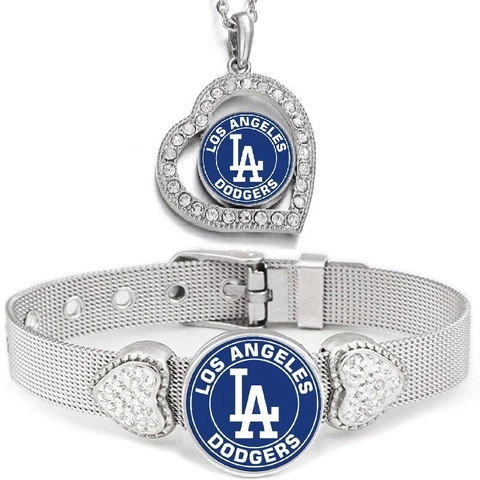 2 PcSet Los Angeles LA Dodgers Womens Sterling Silver Necklace With Bracelet Cover
