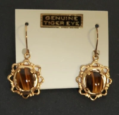 Genuine Tiger Eye Set of Women's Earrings Jewlery Brown Colored Stones 1.25" - Image 1 of 4