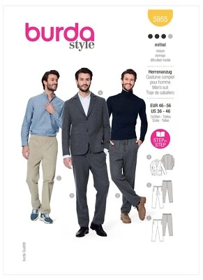 Burda Men Suit Jacket & Pull-on Pants Relax Suit Style Sew pattern 5955 Sz 36-46 - Image 1 of 4