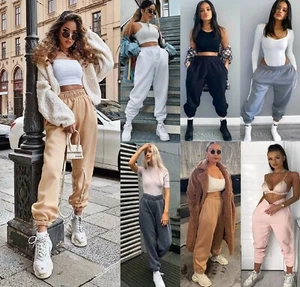 Womens Ladies Fleece Oversized Jogging Joggers Cuffed Bottoms Jog Trouser Pants - Picture 1 of 17