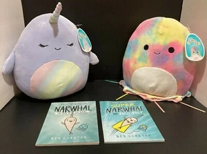 Lot of 2 Squishmallows w/ Books: Naomi Narwhal & Janet Jellyfish 11" Plush Gift - Picture 1 of 6