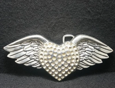 WI13143 IMPRESIONANTE HEBILLA DE CINTURÓN PLATEADA VINTAGE AÑOS 70 **CORAZÓN CON ALAS** MODA HOMBRE Foto 1 de 2