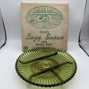Vintage Indiana Olive Glass & Brass Lazy Susan Original Box #2835 Revolving Base - Picture 1 of 7