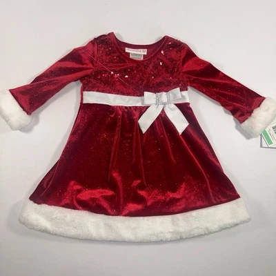 NWT Bonnie Baby Dress Girls 18M Red Christmas Sequined Faux Fur Trim Festive - Image 1 of 4