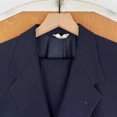Hart Schaffner Marx Suit Mens 44L Navy Blue 3 Button 100% Wool Windowpane 38x28 - Image 1 of 4