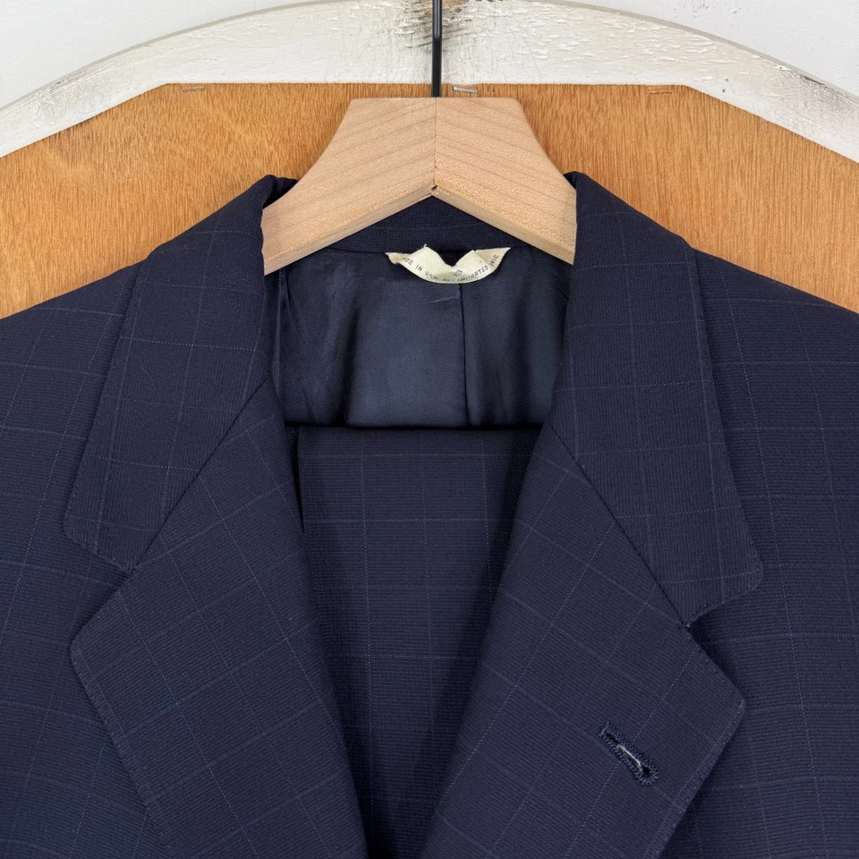 Hart Schaffner Marx Suit Mens 44L Navy Blue 3 Button 100% Wool Windowpane 38x28 - Image 1 of 4