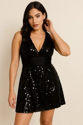 Twenty One Mini Dress Women Large Black Sequin V-Neck Sleeveless Party Cocktail - Image 1 of 4