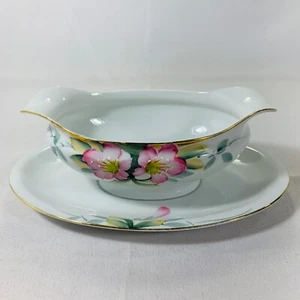 Vintage Noritake Azalea  Gravy Boat with Attached Underplate 19322 Red Mark gold - Picture 1 of 8