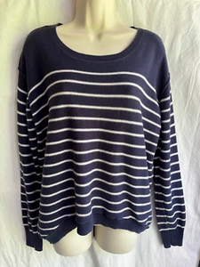 FAT FACE Navy Jumper White Stripes Size 12 100% Cotton Sweater Breton Nautical - Picture 1 of 15