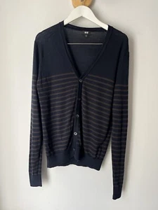 UNIQLO Mens 100% Pure New Wool Cardigan Blue Brown Stripe Small - Picture 1 of 8
