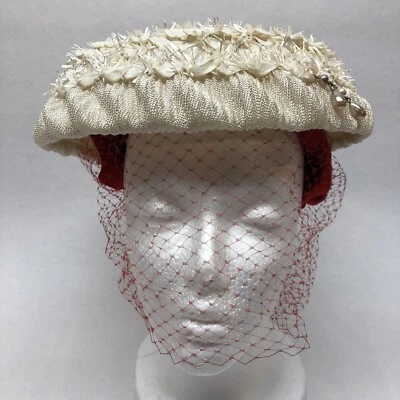 Vintage Genuine Velour Women’s Raffia Straw Hat With Red Netting Veil - Image 1 of 4