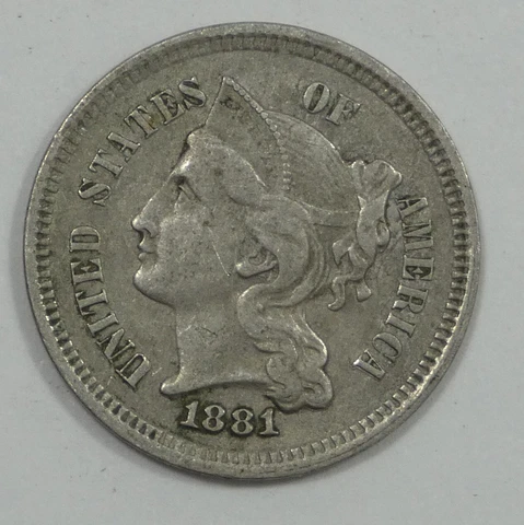 1881 Nickel Three-Cent Piece VERY FINE 3c Cover