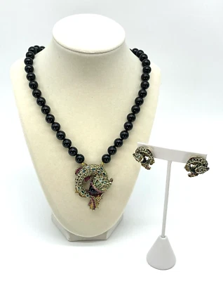 Heidi Daus Necklace & Pierced Earrings Signed Very Fancy Koi Black Beaded NIB - Image 1 of 4