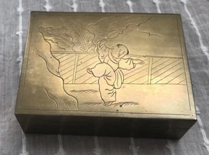 Vintage Chinese Woodlined Etched Brass Cigarette Case - Picture 1 of 8