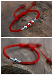 Rote Schnur mit massivem S925 Silber Glücksperlen geflochtenes Armband zum Schutz - Bild 1 von 11