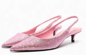 Zara Pink Rhinestone Kitten Heel Slingback Pumps Shoes Crystals Size 9 Woman  - Picture 1 of 6