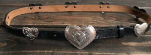 VINTAGE JUSTIN 90s Black Leather Belt Etched Silver Hearts size 30 - A1