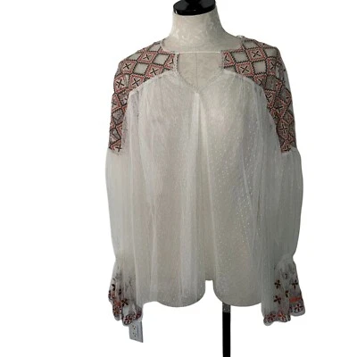 Free People Blouse Top Size Small Cream Lace Embroidered Flare Sleeve Joyride - Image 1 of 4