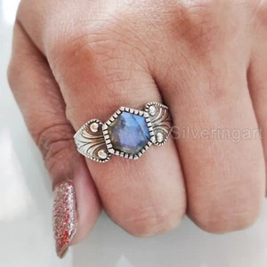 HEXAGON BLUE FIRE LABRADORITE GEMSTONE 925 STERLING SILVER WEDDING WOMENS RING - Picture 1 of 9