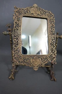 Seltener Vintage vergoldeter Messing Kosmetikspiegel verziert Märchen französischer Rahmen Ständer - Bild 1 von 11