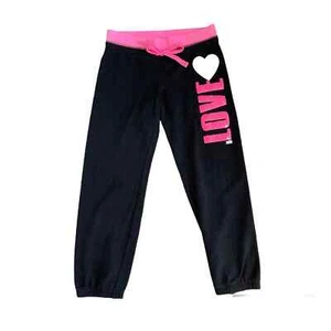 Girls 7 Justice Black Hot Pink Sequin Love Silver Heart Capri Joggers Sweatpants - Picture 1 of 2