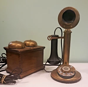 Antique Western Electric Brass Candlestick Telephone with Wood Ringer Box 1920s - Picture 1 of 7