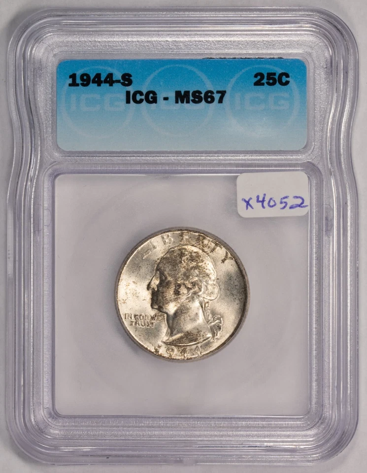1944-S 25c Washington Quarter - Frosty Luster - PQ Example - ICG MS 67 - X4052 - Image 1 of 4
