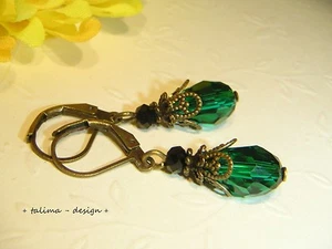 Ohrringe Bronze Kristall Tropfen Smaragdgrün  Vintage-Stil Burlesque  +handmade+ - Bild 1 von 2