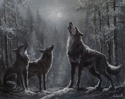 Wolves in a snowy forest howling original oil painting. Howling wolf on the moon - Image 1 of 4