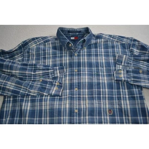 48466 Vintage Tommy Hilfiger Dress Shirt Blue Jean Denim Mens Size XL Plaid - Picture 1 of 9
